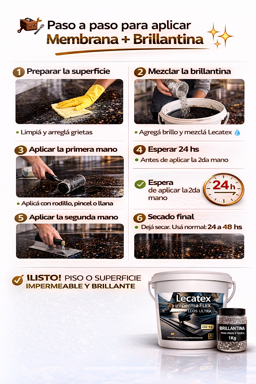 Membrana Líquida Impermeabilizante Lecatex 22kg + Brillantina 1kg para Pisos y Techos + EBOOK DE INSTALACION